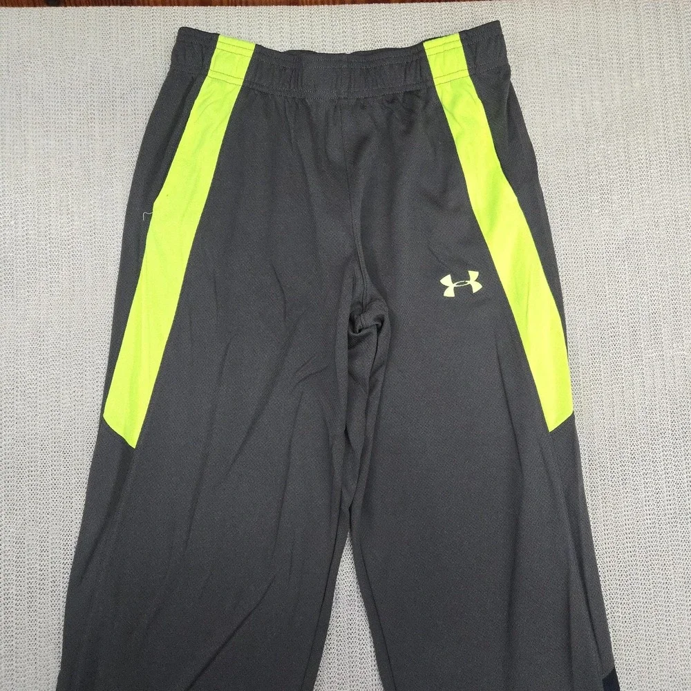 Under Armour Track Pants Boys XL 18-20 Gray Neon Yellow Colorblock Mesh Athletic